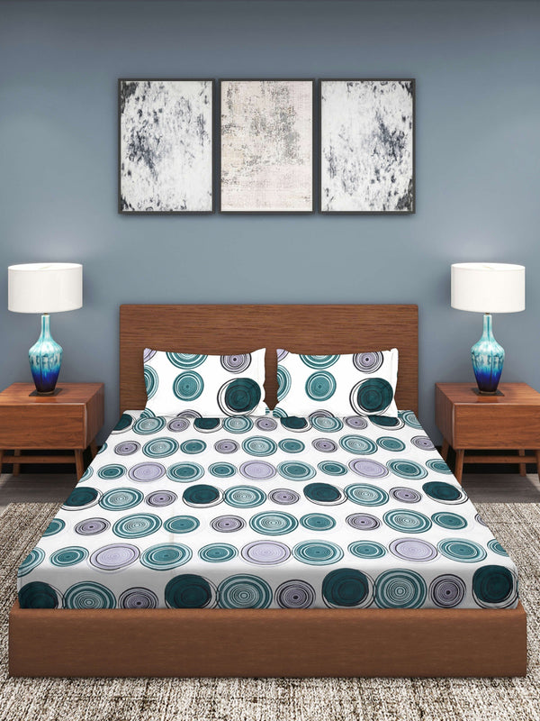 White & Teal Circle Patterned 210 TC Queen Bedsheet with 2 Pillow Covers