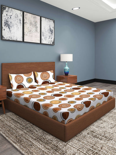 White & Brown Circle Patterned 210 TC Queen Bedsheet with 2 Pillow Covers