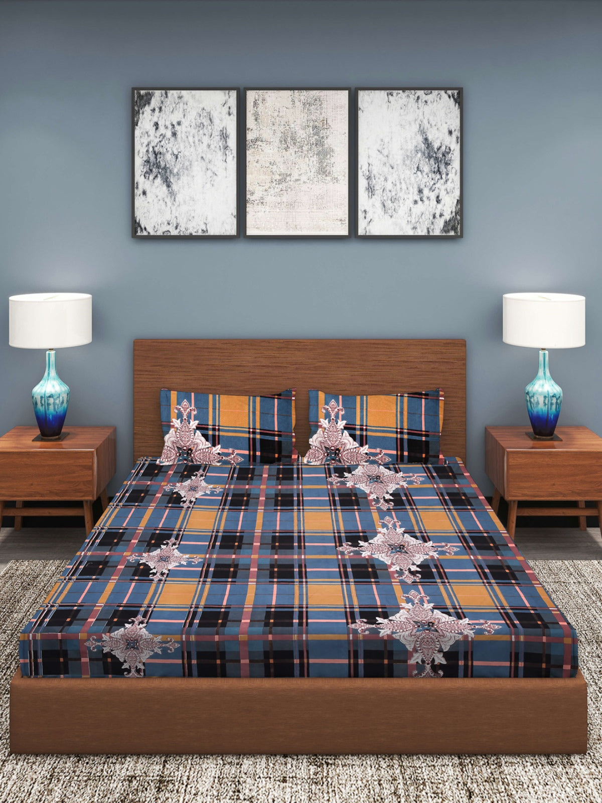 Blue & Black Checks Patterned 210 TC Queen Bedsheet with 2 Pillow Covers