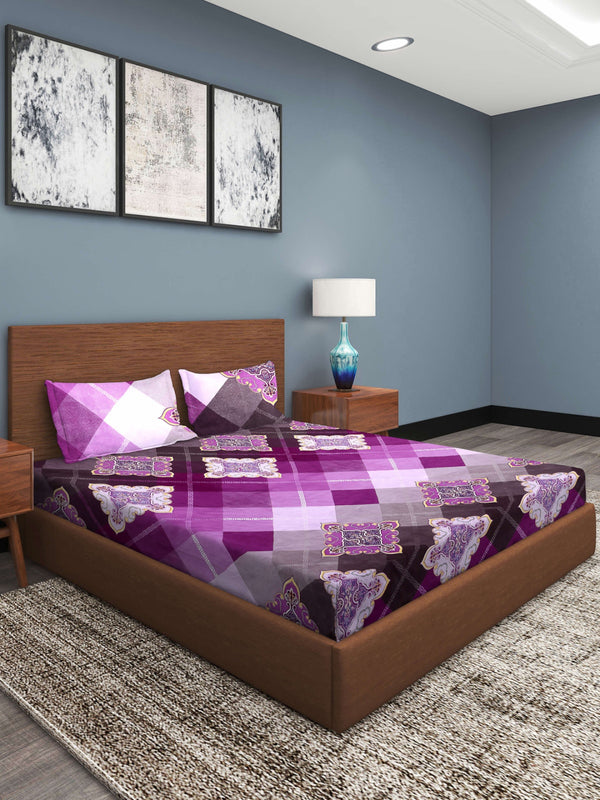 Violet Ethnic Motifs Patterned 210 TC Queen Bedsheet with 2 Pillow Covers