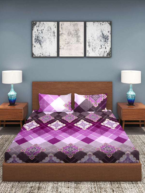 Violet Ethnic Motifs Patterned 210 TC Queen Bedsheet with 2 Pillow Covers