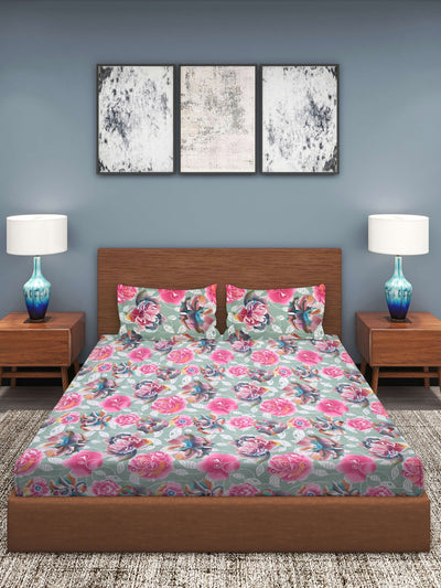 Green & Pink Floral Patterned 210 TC Queen Bedsheet with 2 Pillow Covers