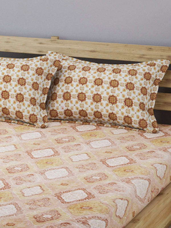 210 TC Beige & Gold Bedsheet with 2 Pillow Covers