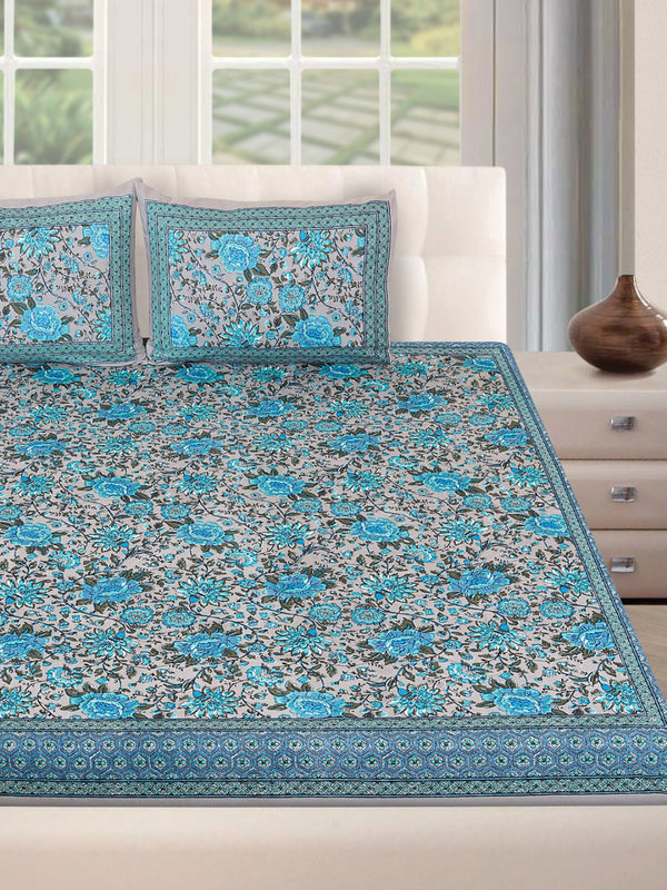 180 TC Grey & Turquoise Double Bedsheet with 2 Pillow Covers