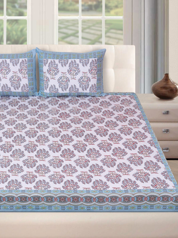 180 TC White & Blue Double Bedsheet with 2 Pillow Covers