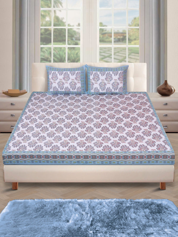 180 TC White & Blue Double Bedsheet with 2 Pillow Covers