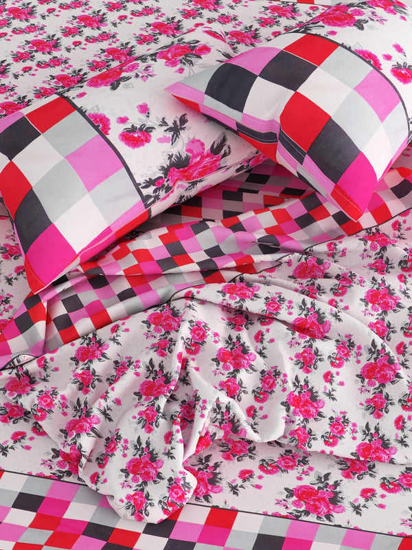 144 TC White & Pink Double Bedsheet with 2 Pillow Covers