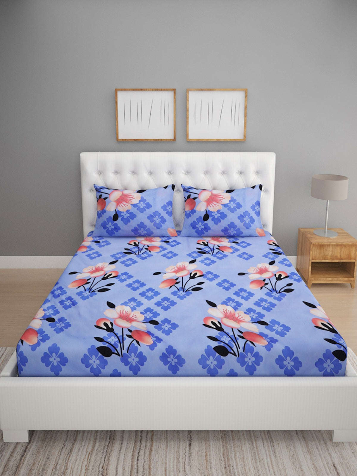 144 TC Blue Double Bedsheet with 2 Pillow Covers