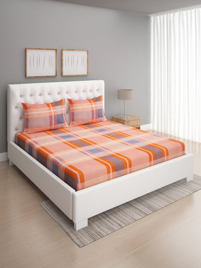 Peach & Orange Checks Patterned 144 TC Queen Bedsheet with 2 Pillow Covers