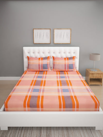 Peach & Orange Checks Patterned 144 TC Queen Bedsheet with 2 Pillow Covers