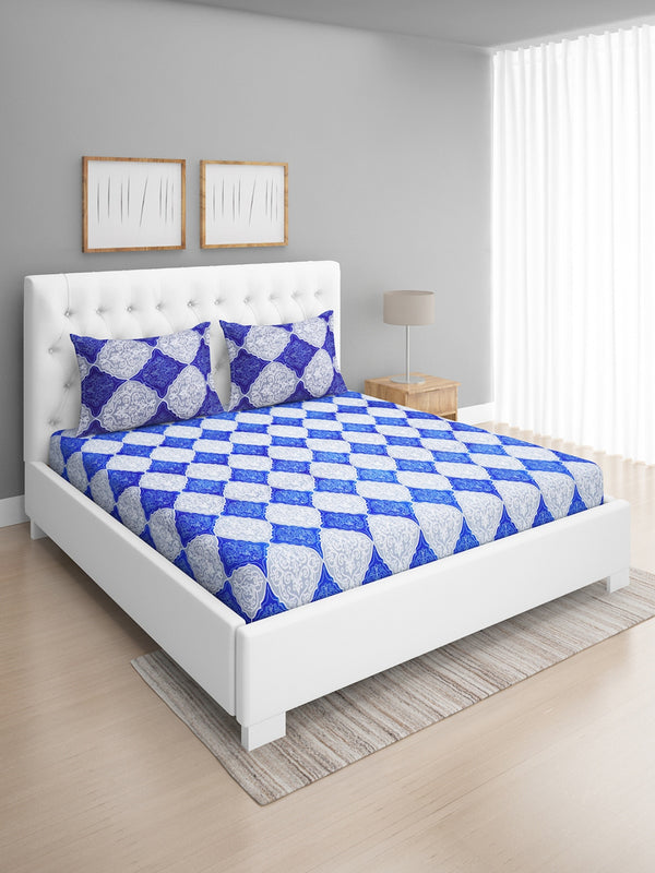 Blue & White Geometric Patterned 144 TC Queen Bedsheet with 2 Pillow Covers