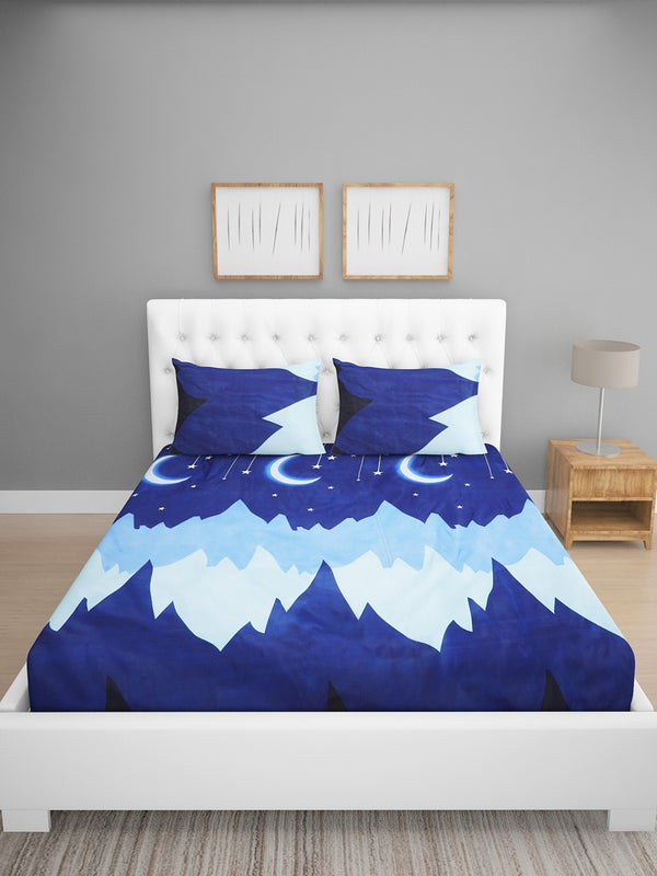 Blue & White Abstract Patterned 144 TC Queen Bedsheet with 2 Pillow Covers