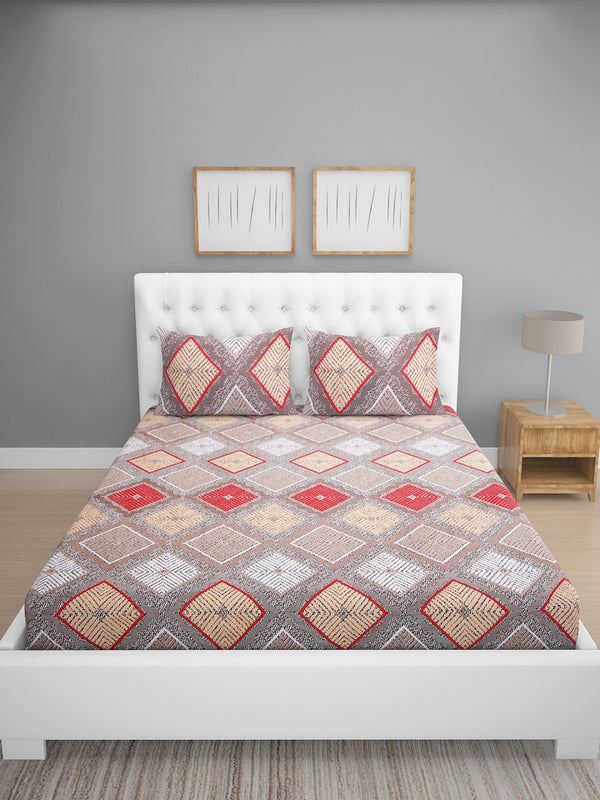 Beige Geometric Patterned 144 TC Queen Bedsheet with 2 Pillow Covers
