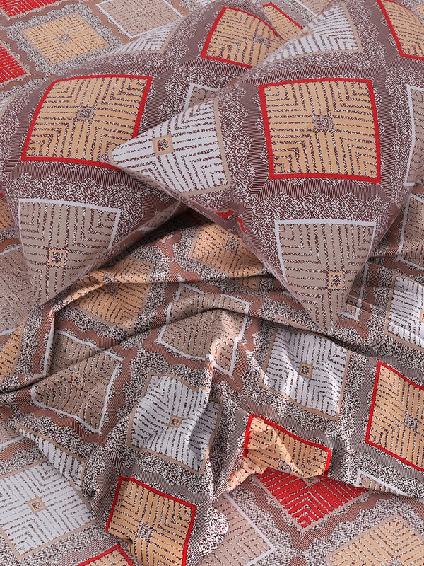 Beige Geometric Patterned 144 TC Queen Bedsheet with 2 Pillow Covers