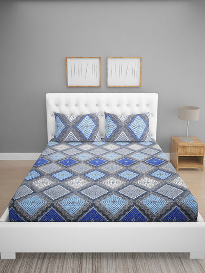Blue & Grey Geometric Patterned 144 TC Queen Bedsheet with 2 Pillow Covers