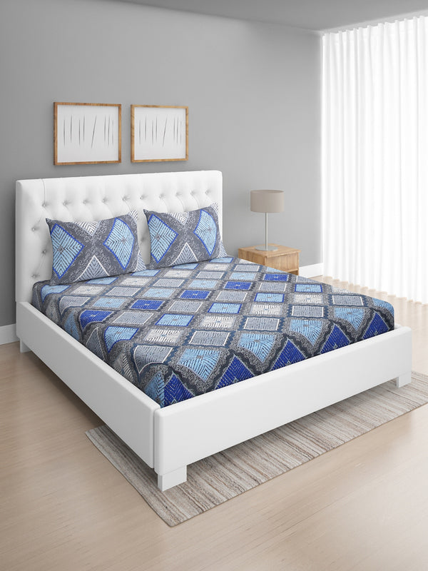 Blue & Grey Geometric Patterned 144 TC Queen Bedsheet with 2 Pillow Covers