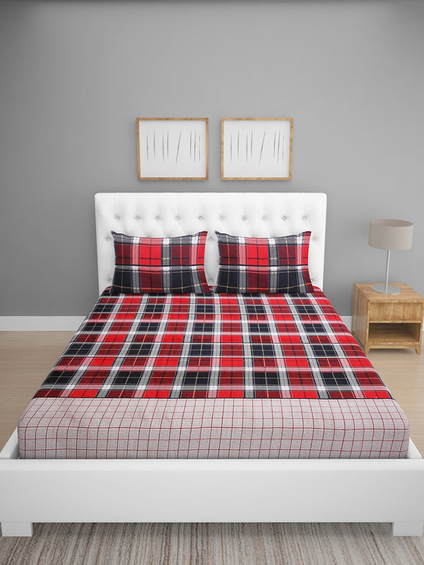 Maroon & Black Checks Patterned 144 TC Queen Bedsheet with 2 Pillow Covers