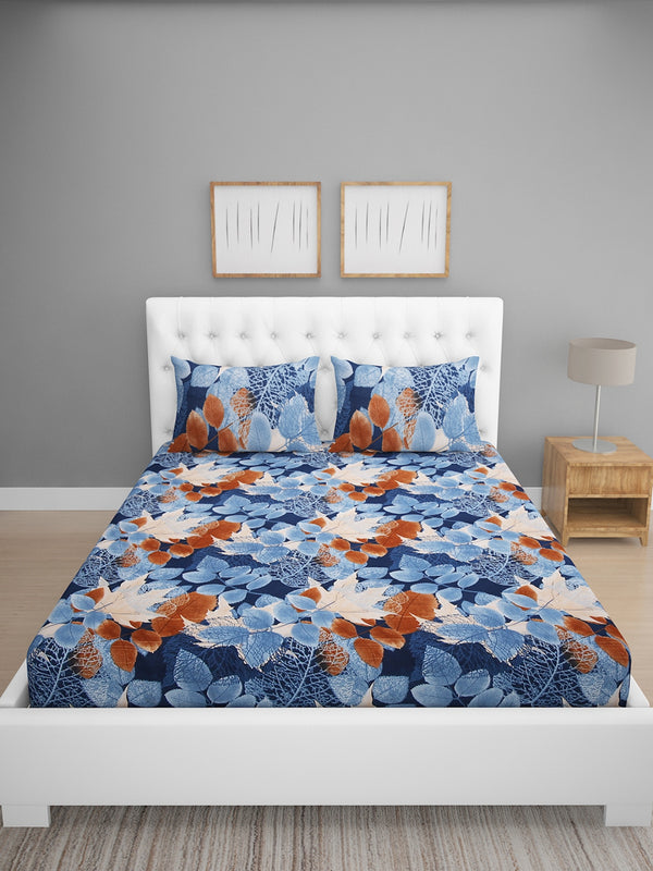 Blue Leaf Patterned 144 TC Queen Bedsheet with 2 Pillow Covers