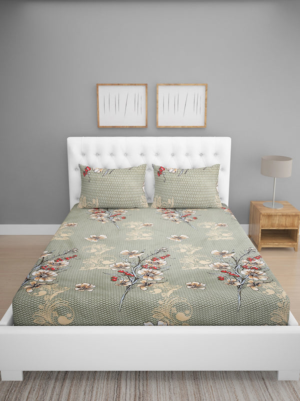 Green Floral Patterned 144 TC Queen Bedsheet with 2 Pillow Covers