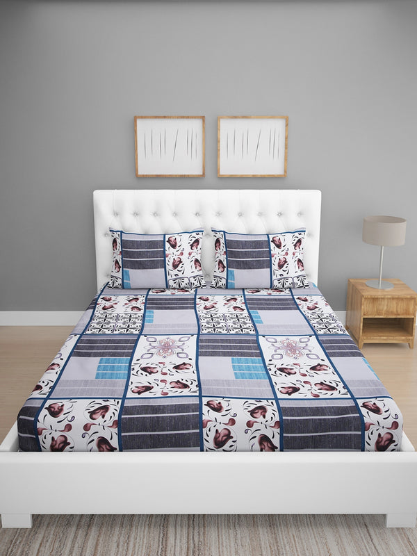 Silver & Cream Ethnic Motifs Patterned 144 TC Queen Bedsheet with 2 Pillow Covers