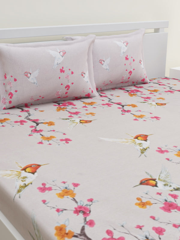 Light Peach & Pink Floral Patterned 160 TC King Bedsheet with 2 Pillow Covers