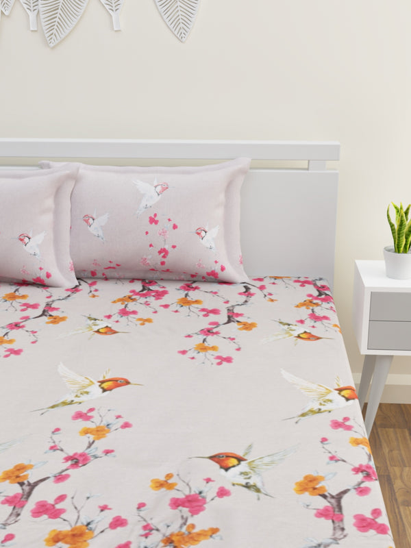 Light Peach & Pink Floral Patterned 160 TC King Bedsheet with 2 Pillow Covers