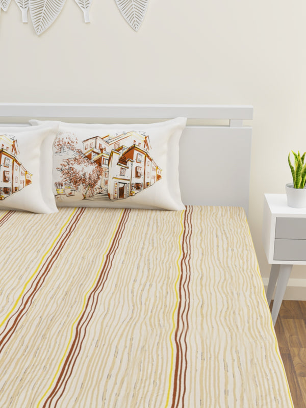 Beige Geometric Patterned 160 TC King Bedsheet with 2 Pillow Covers