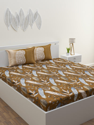 Brown Leaf Patterned 160 TC King Bedsheet with 2 Pillow Covers