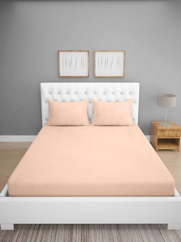 Beige Solid Patterned 400 TC King Fitted Bedsheet with 2 Pillow Covers