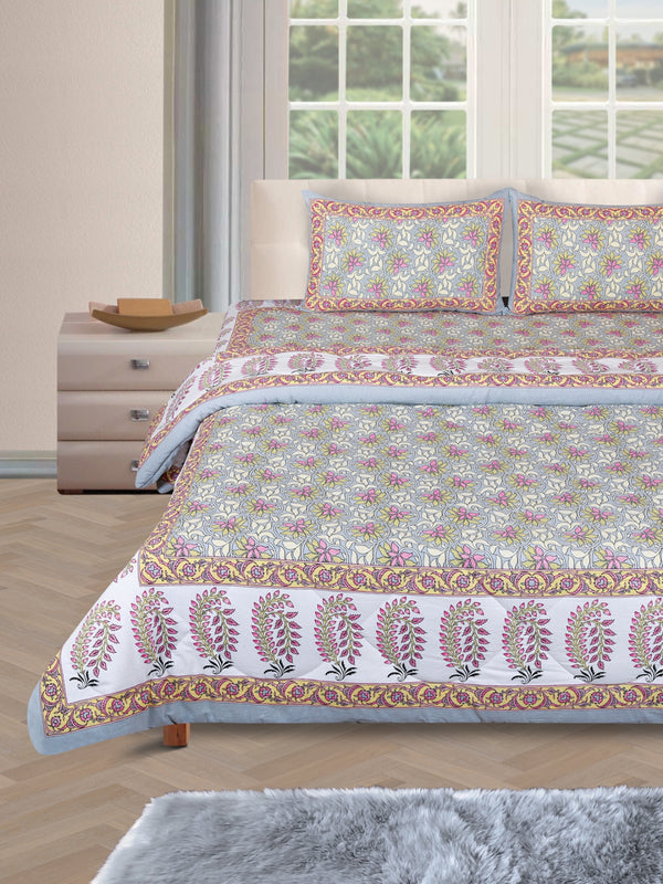 Jaipuri Bedding Set Reversible AC Comforter with Bedsheet and 2 Pillow Covers, Blue