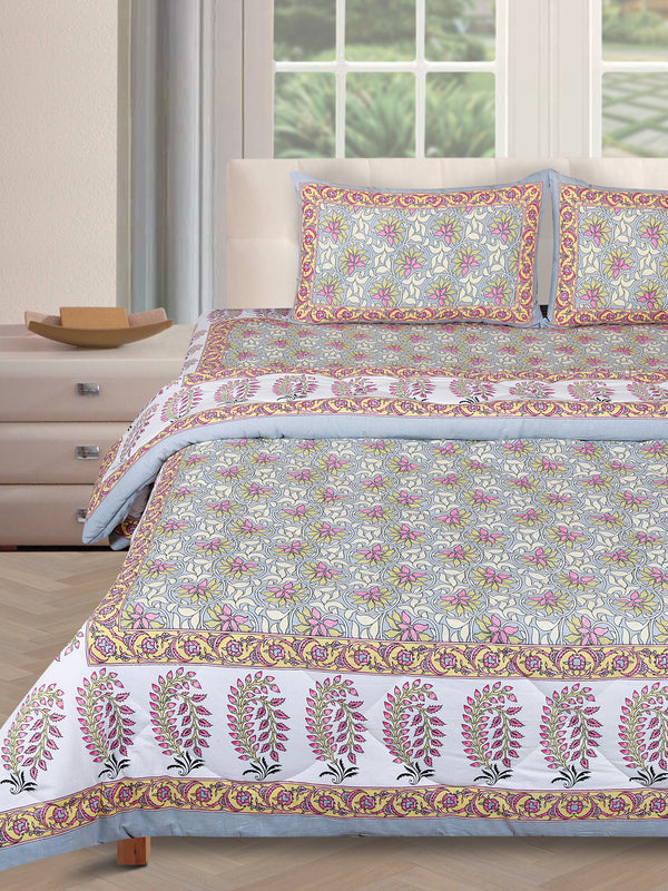 Jaipuri Bedding Set Reversible AC Comforter with Bedsheet and 2 Pillow Covers, Blue