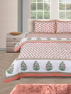 Jaipuri Bedding Set Reversible AC Comforter with Bedsheet and 2 Pillow Covers, Peach & Green