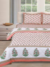 Jaipuri Bedding Set Reversible AC Comforter with Bedsheet and 2 Pillow Covers, Peach & Green