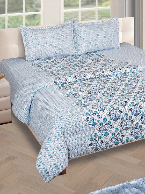 Blue & Off White Bedding Set 1 Bedsheet with 2 Pillow Covers and Quilt