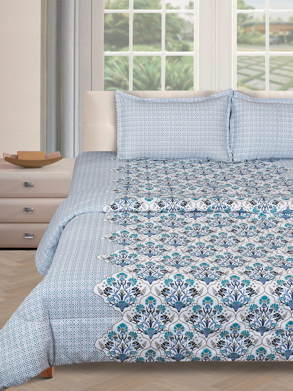 Blue & Off White Bedding Set 1 Bedsheet with 2 Pillow Covers and Quilt