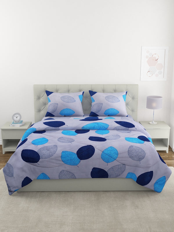 Grey & Blue Leaf Patterned King Size Cotton Bedding Set