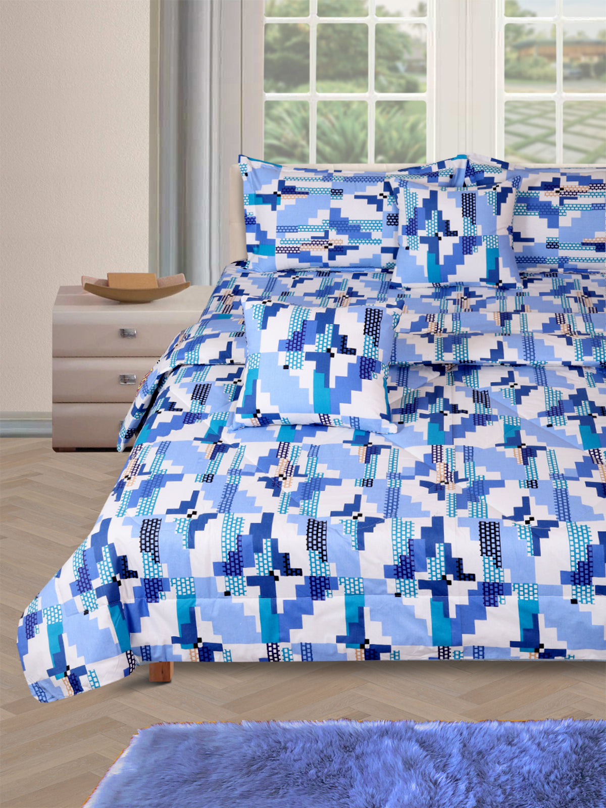 Blue & White Geometric Printed Cotton Double Queen Bedding Set With Pillow Cover