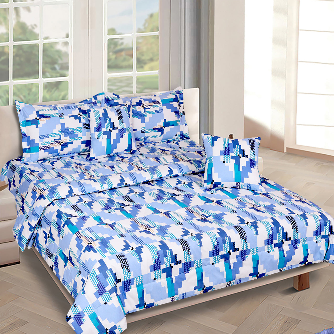Blue & White Geometric Printed Cotton Double Queen Bedding Set With Pillow Cover