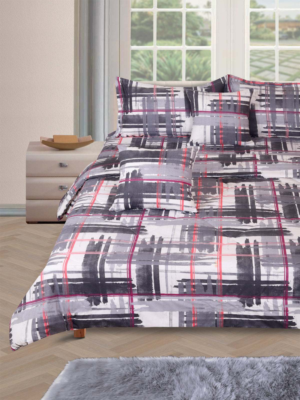 Grey & White Check Printed Cotton Double Queen Bedding Set With Pillow Cover