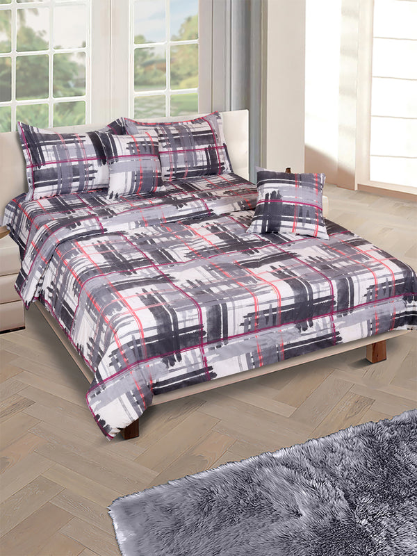 Grey & White Check Printed Cotton Double Queen Bedding Set With Pillow Cover