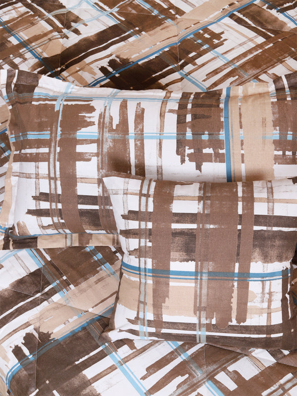Brown & White Check Printed Cotton Double Queen Bedding Set With Pillow Cover