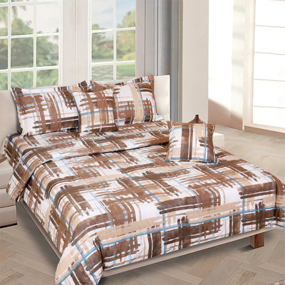 Brown & White Check Printed Cotton Double Queen Bedding Set With Pillow Cover