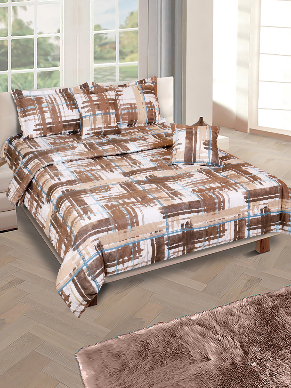Brown & White Check Printed Cotton Double Queen Bedding Set With Pillow Cover