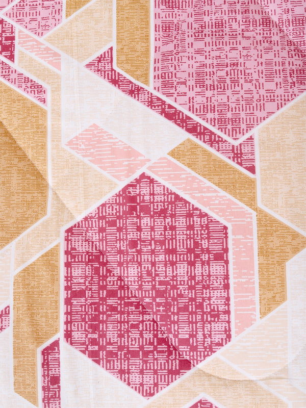 Beige & Pink Geometric Printed Cotton Double Queen Bedding Set With Pillow Cover
