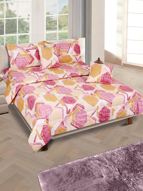 Beige & Pink Geometric Printed Cotton Double Queen Bedding Set With Pillow Cover