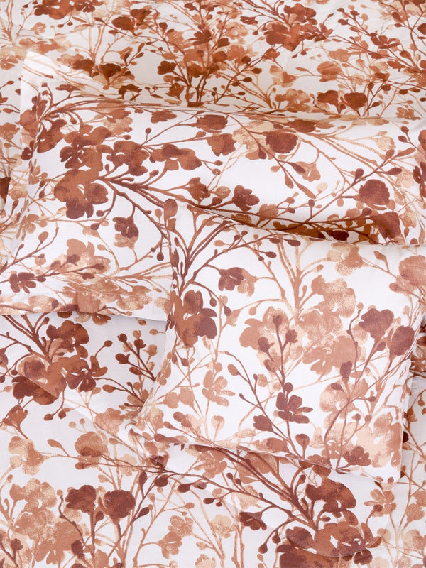 Cream & Brown Floral Printed Cotton Double Queen Bedding Set With Pillow Cover