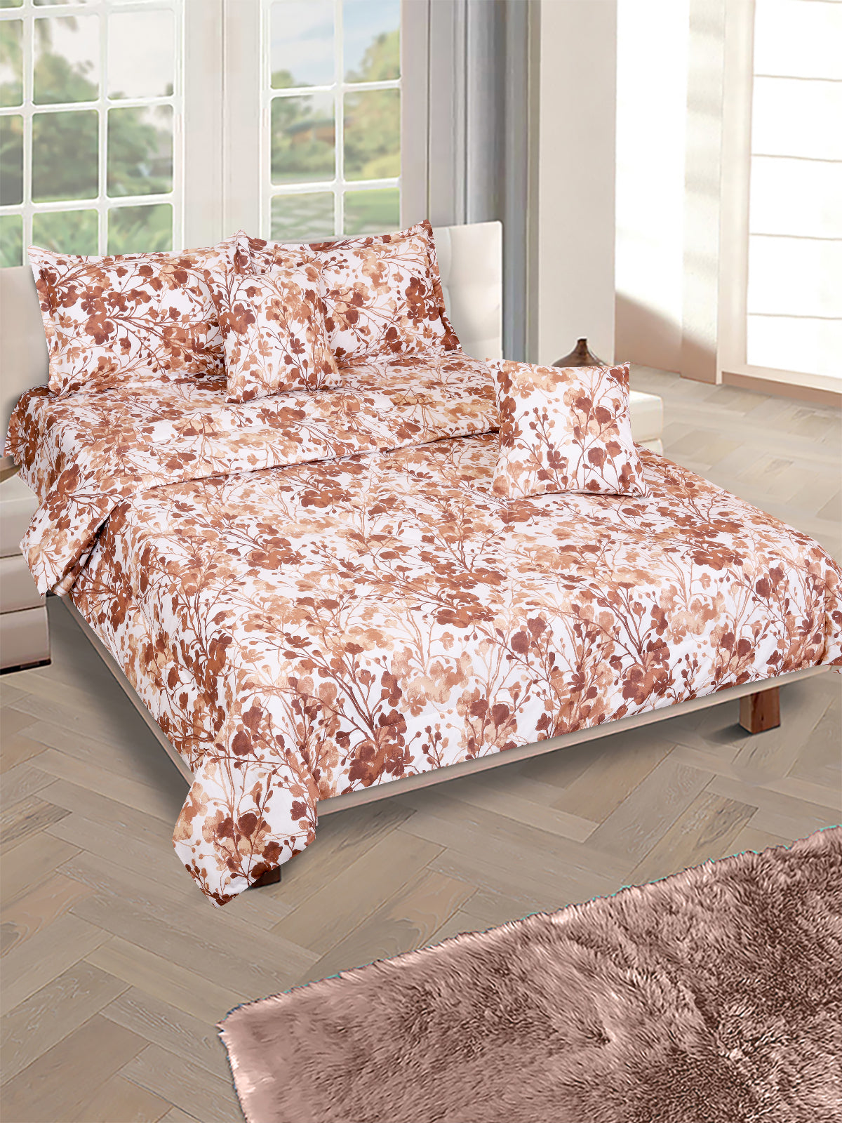 Cream & Brown Floral Printed Cotton Double Queen Bedding Set With Pillow Cover