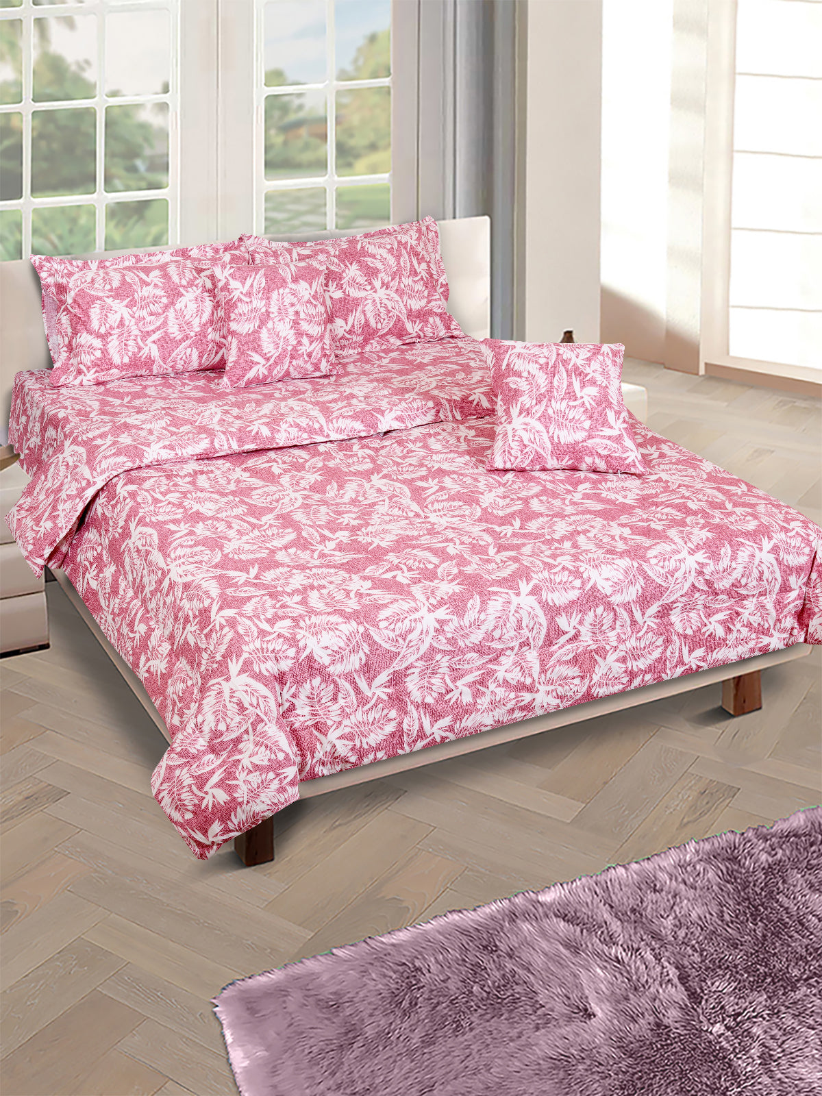 Pink & White Floral Printed Cotton Double Queen Bedding Set With Pillow Cover