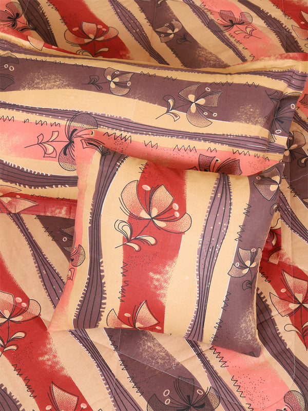 Beige & Brown Floral Printed Cotton Double Queen Bedding Set With Pillow Cover