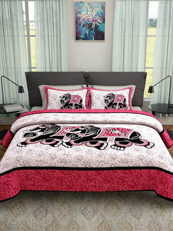 White & Red Double Bed Cover with 2 Pillow Covers